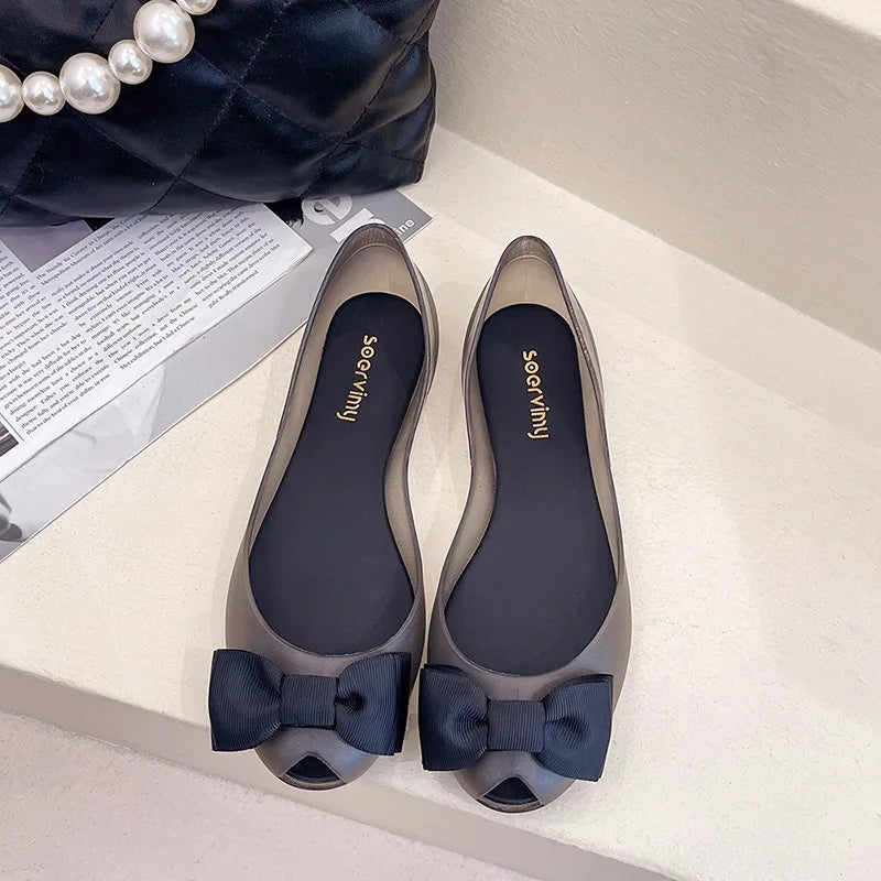 sweet bowknot jelly shoes woman flats candy color peep toe summer ballerina shoes waterproof transparent loafers for women