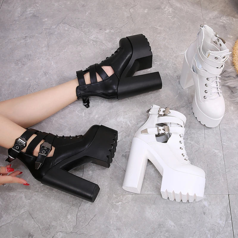 2024 Winter Fashion Sexy Platform Lace Up Buckle White Black Leather Thick Heel High Heel Short Boots Women Party Dance Shoes
