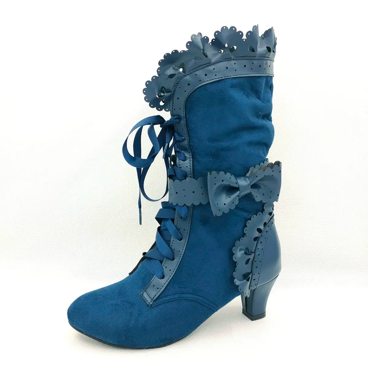 Autumn Winter Vintage Women Victorian Boots Lace Up High Heel Bootie Ruffle Trim Lolita Princess Cosplay Tea Party Costume Shoes