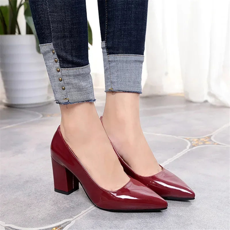 New Women Pumps Black High Heels Lady Patent Leather Shallow Thick with Autumn Pointed Single Shoes Slip-On Female Shoes