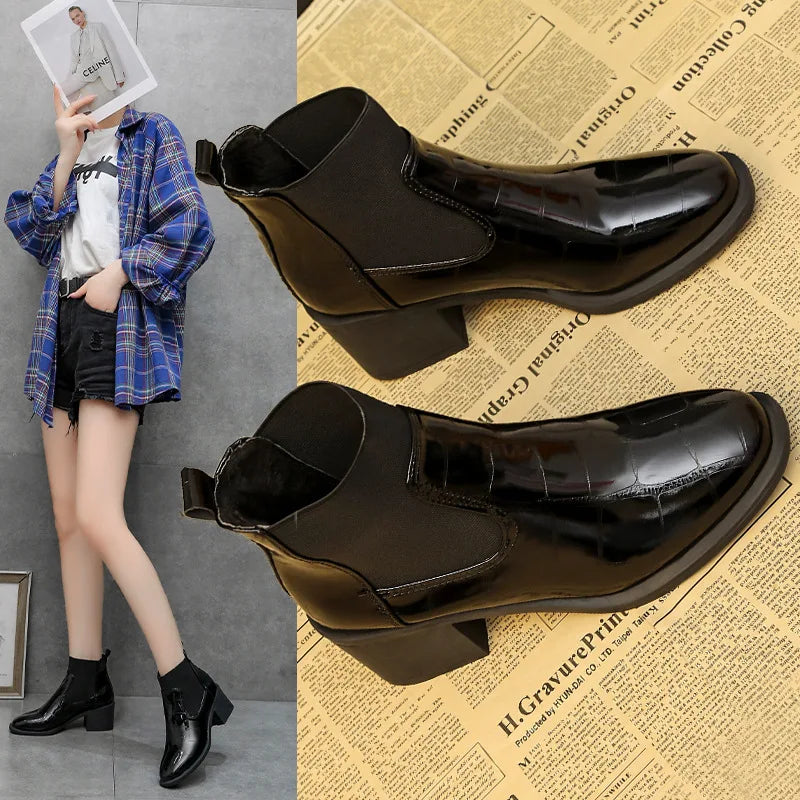 Chelsea Boots Women's 2024 Autumn/Winter British Lacquer Leather Mid Heel Boots Round Toe High Heels Shiny Leather Women's Boots