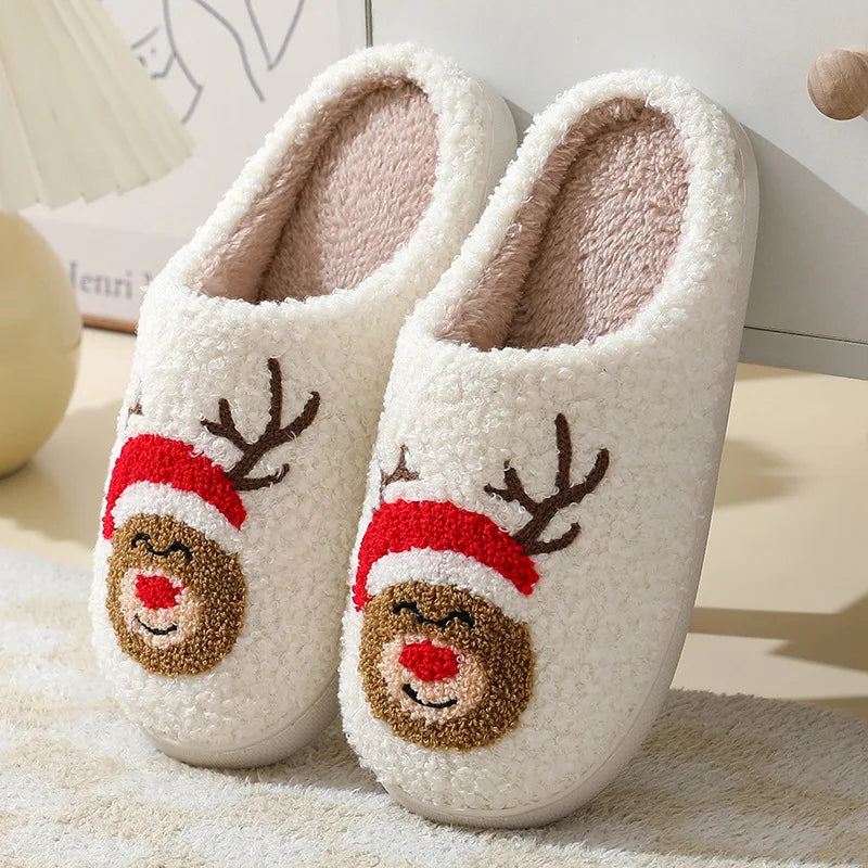 Christmas Comfortable Home Cute Cartoon Santa Claus Slippers Winter Flat Slippers for Men and Women Couples Warm Cotton Slides