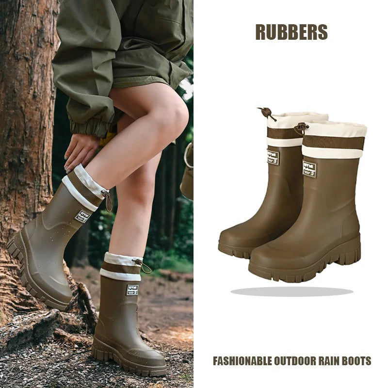 Solid Big Men Women Outdoor Tide Non-slip Waterproof Parent-Child Rain Boots Children Hundred Couple Adjustable Drawstring