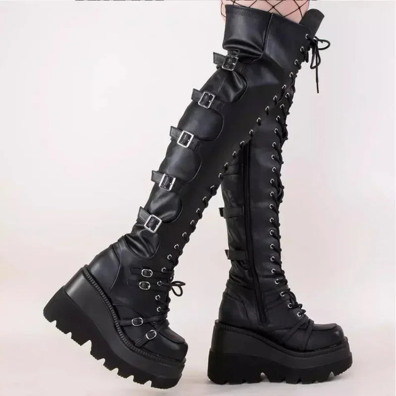 Brand Design Big Size 43 Shoelaces Cosplay Motorcycles Boots Buckles Platform Wedges High Heels Thigh High Boots Women Shoes