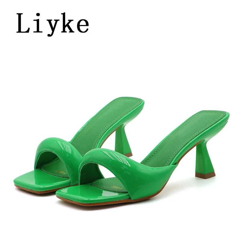 Liyke 2025 New Arrivals Black Silver Square Toe Slippers For Woman Mules Low Thin Heels Designer Slides Shoes Gladiator Sandals