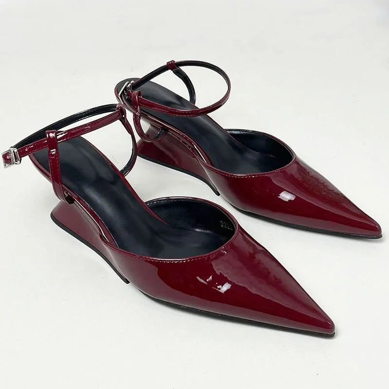 Female Footwear New In Wedges Heels Sandals Shoes For Women Ankle Buckle Strap Fashion Pointed Toe Ladies Medium Heels Shoes