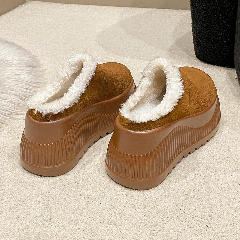 Women Platform Fur Slippers Suede Mules Shoes Winter 2025 Trend Casual Snow Boots Short Plush Warm Cotton Shoes 10CM High Heels