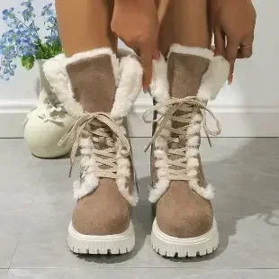 Bottes de neige d'hiver épaisses et moelleuses pour femmes, bottes à plateforme en fourrure, mi-mollet à lacets, chaussures chaudes en coton, 2023