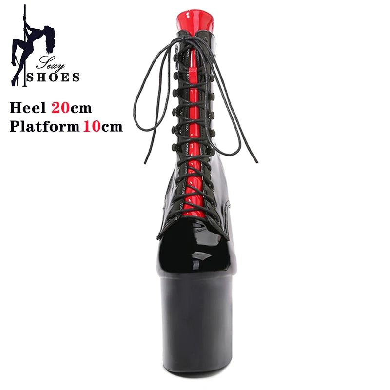 Women Ankle Boots 8 Inch High Heels Fashion Gothic Fetish Queen Black Lacing Red Pole Dancing Boots New Autumn Winter Shoes