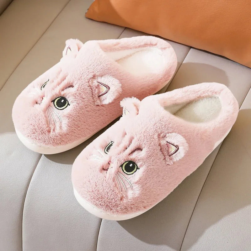 Kawaii Cartoon Cat Fuzzy Slippers - Ultra Soft Fabric Inner, Plush Flat Sole, Cozy Warmth, TPR Durable Outsole, Fabric Upper