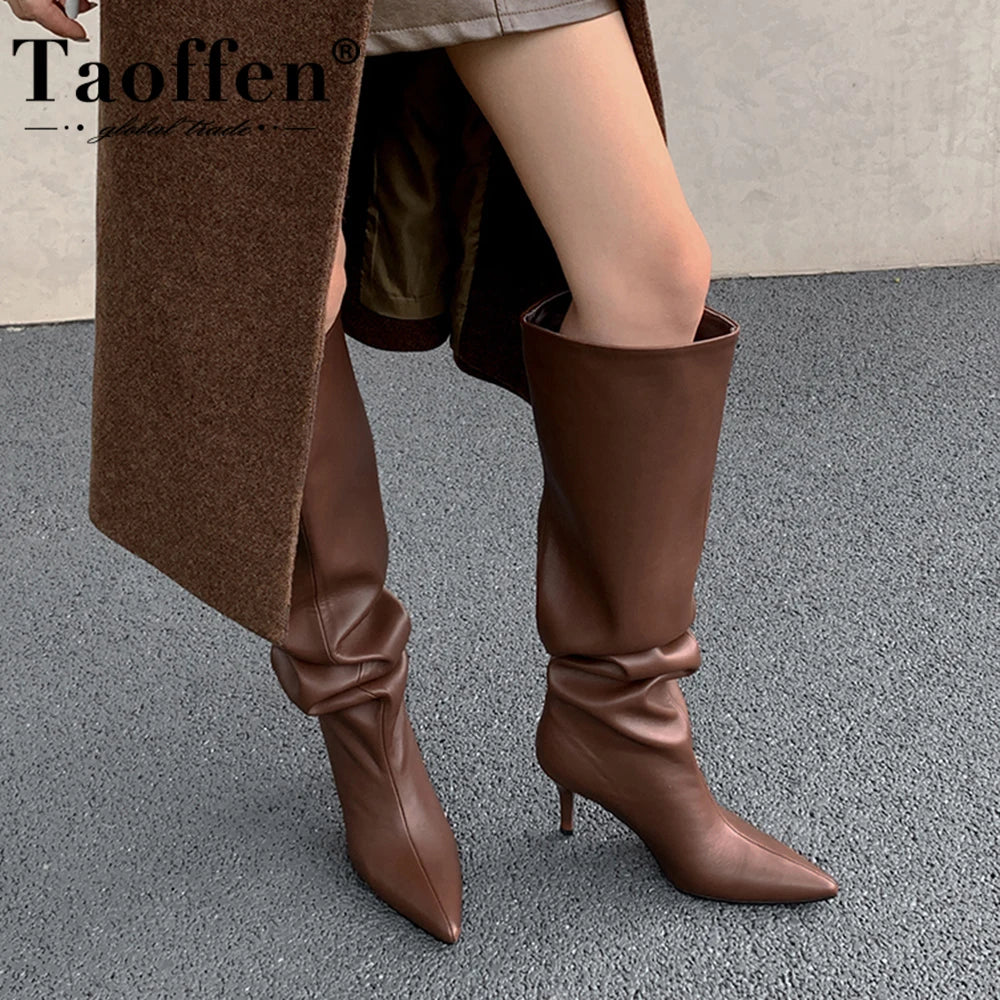 Bottes Longues Taoffen Pour Femmes Design Plissé Sexy Bout Pointu Talon Haut Fin Bottes Large Mollet Mode Automne Hiver Bottes Fait Main
