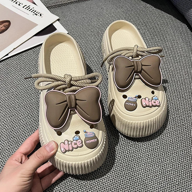 Summer Women Slippers Platform Bow Decoration Clogs Garden Shoes Comfortable Beach Sandal Chunky Slippers Soft Slides For Female