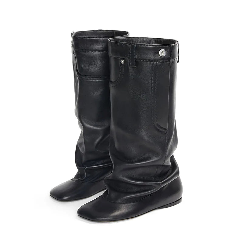 Arden Furtado 2024leather Height Increasing Knee high boots Square toe Slip-on Low heel Large tubular thigh high boots wide calf