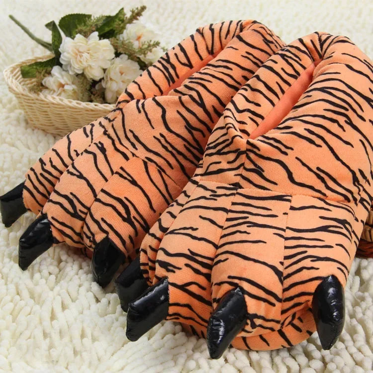 Cute Plush Toy Slippers Winter Animal Pajamas Stitch Tiger Dinosaur Paw Cartoon Warm Home Slippers Women Winter