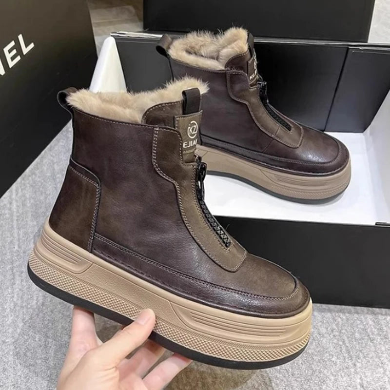 Platform Women Fur Snow Ankle Boots Flats Leather Short Plush Cotton Shoes Trend Fashion Sneakers Warm New Cozy Mujer Goth Botas