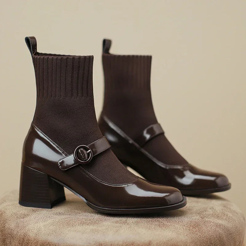 Autumn Winter Women Knit Sock Ankle Boots Fashion Slip On Square Heels Shoes Vintage Ladies Stretch Short Booties brown botas