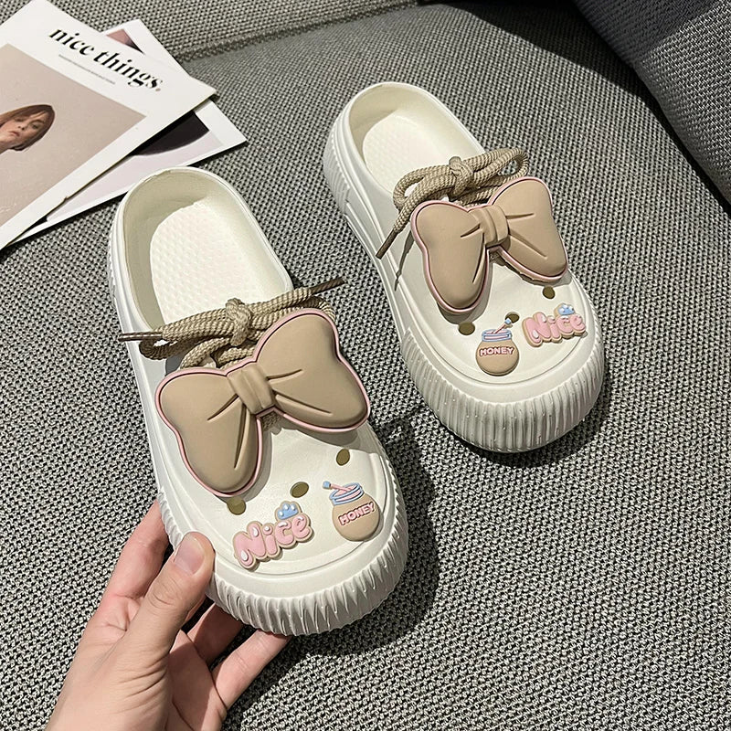 Summer Women Slippers Platform Bow Decoration Clogs Garden Shoes Comfortable Beach Sandal Chunky Slippers Soft Slides For Female