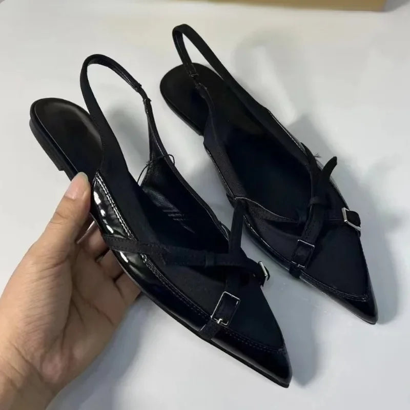 2025 Summer New Black Women's Sandals Buckle Cross Pointed Elegant Traf Designer Slingbacks Ladies Flat Shoes Big Size Footwear