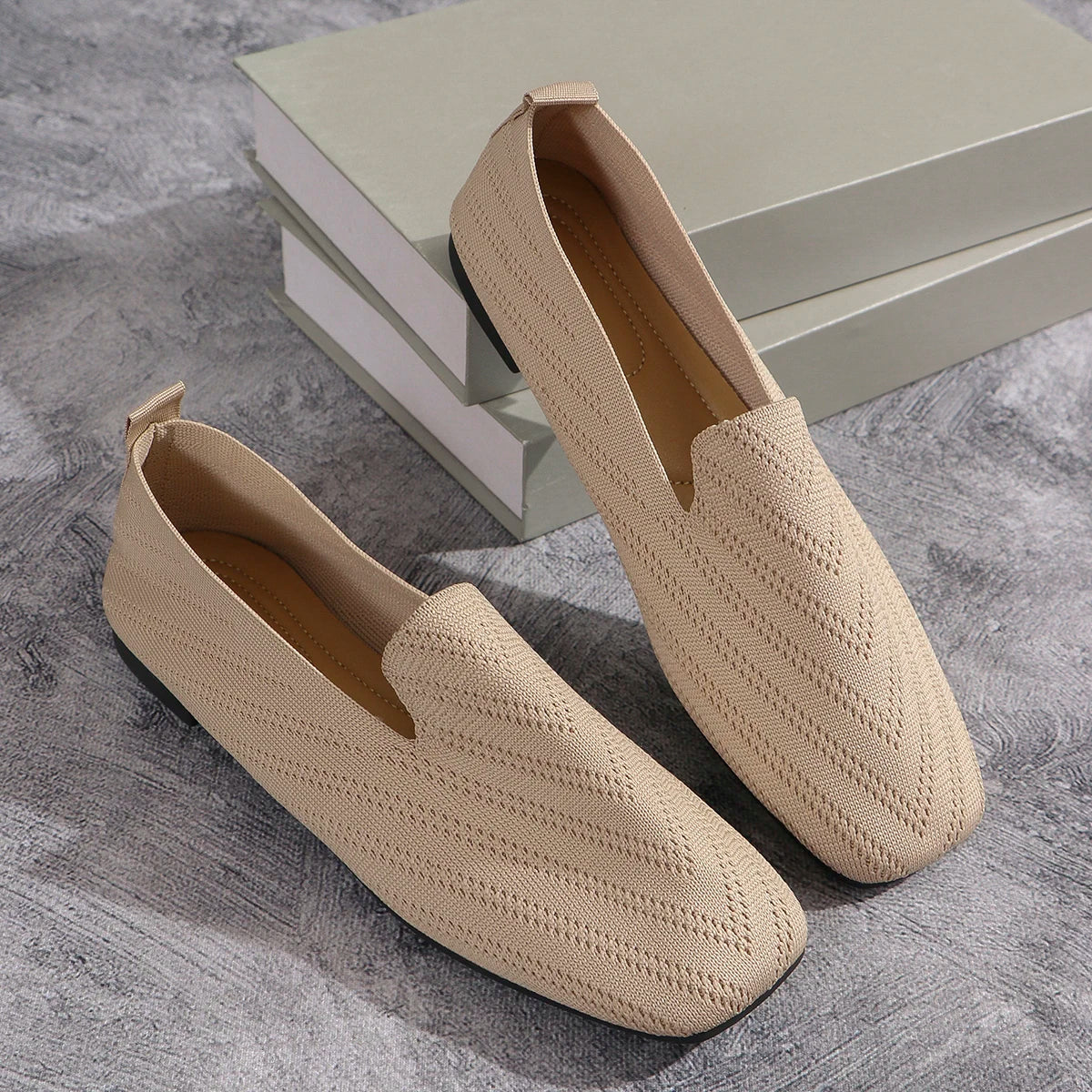 2024 Solid Color Square Toe Mesh Loafers Shallow Women Flats Shoes Soft Bottom Knit Ballet Flats Shoes Casual Slip on Shoes