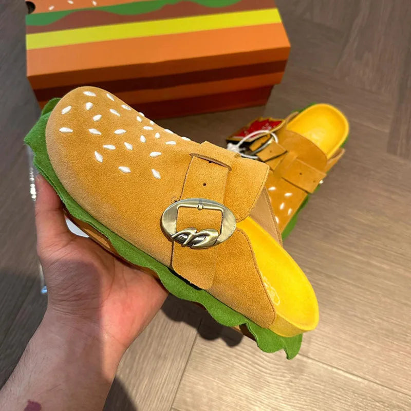 Yellow Hamburger Fashion Slippers Adult Metal Belt Buckle Soft Flat Outwear Thick-Soled Casual Beach Sandals Home Shoe For Women