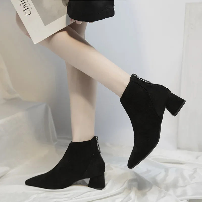 2023Ankle Boots for Women Autumn Pointed Toe Zipper Chunky Low Heel Short Boot Fashion Female Casual Shoes Botas De Mujer
