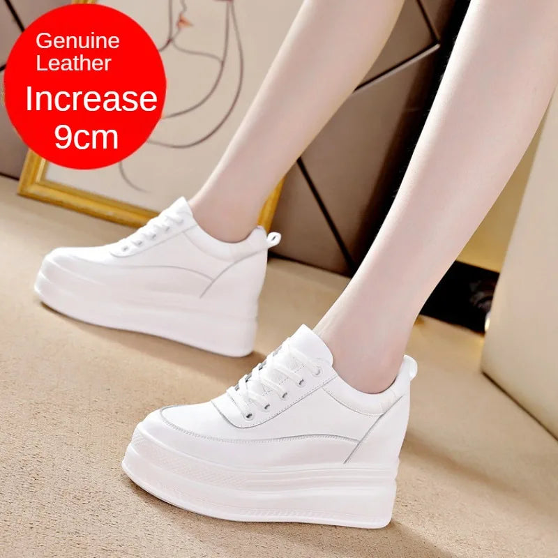 Genuine Leather Women Platform Air Mesh Hollow Sneakers Spring Casual Vulcanized Wedge Shoes Ladies Thick Bottom Court Sneakers