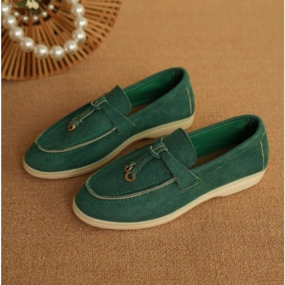 New Casual Flat Bottom Mules Lock Tassel Loafers Fashion Women Single Shoes Brand Metal Buckle Slipper Comfortable Slip on Shoes
