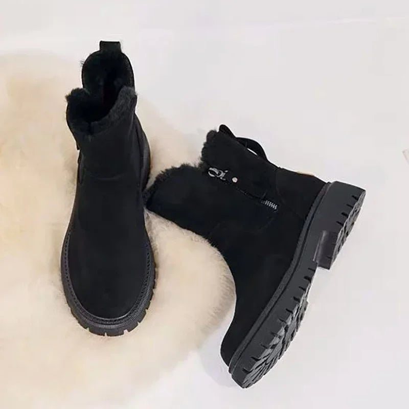 2024 Women's Snow Boots Winter Mid-Tube Plus Velvet Thickened Warm Cotton Shoes Fur Integrated Fashion Platform Female Booties