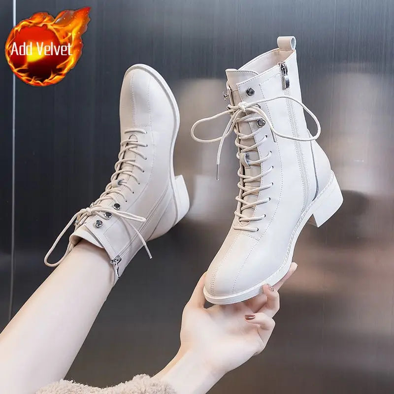 Short Shoes for Women Lace-up Footwear Elegant with Medium Heels Laces Female Ankle Boots Pointed Toe Booties Punk Style Combat