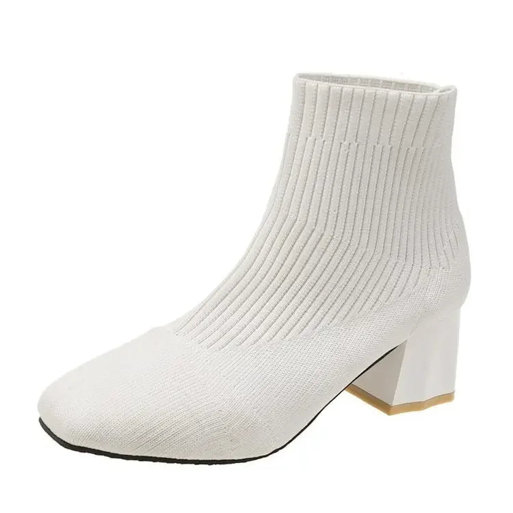 Stretch Sock Boots For Women Shoes Square Heel Yellow Knitting shoes Elastic Cottton Boots Lady Footwear