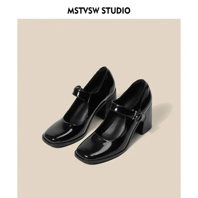 2023Mary Jane Shoes Women Retro British Style Hepburn Black High Heel One Word Buckle Thick Heel Square Head Single Shoes Women