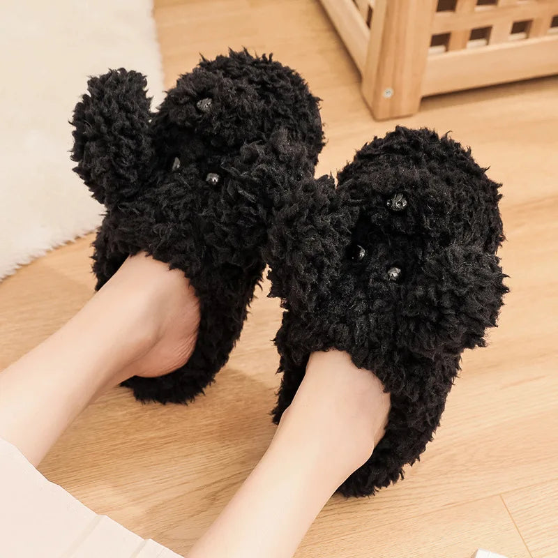 Comwarm Cute Dog Short Plush Slippers For Women 2023 Winter Warm Furry Cotton Shoes Couples Home Indoor Bedroom Cozy Slippers