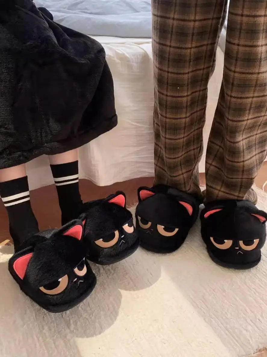 Chaussons d'hiver en coton motif chat noir pour homme et femme, chaussons chauds et antidérapants, pour couple, collection 2024