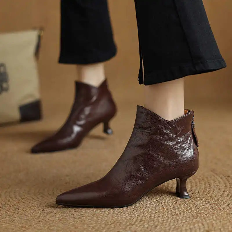 2025 Spring Vintage Pointed Toe Women Ankle Boots Fashion Thick Heel Shoes Concise Short Botas De Mujer