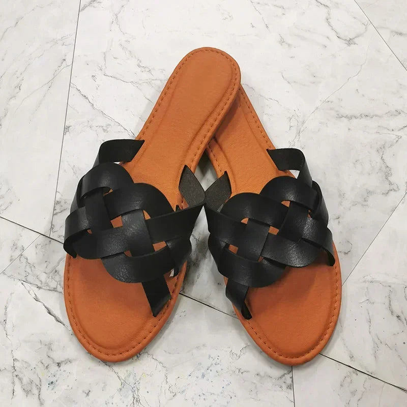 Women Leather Summer Sandals Shoes Retro design Thin Straps Open Toe Beach Slides Flat with Plus Size 41 Female Footwear