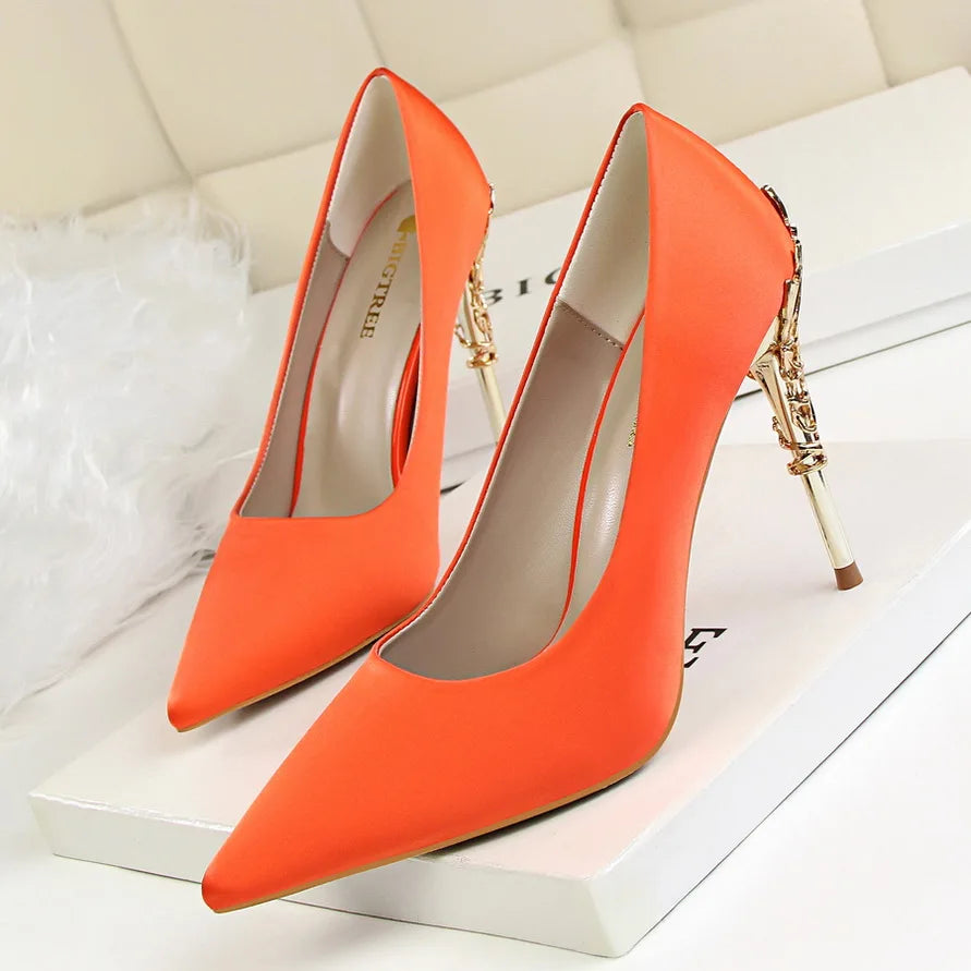 Woman 10cm High Heels Metal Heels Satin Silk Dress Fashion Pumps Lady Wedding Bridal Scarpin Catwalk Orange Green Wine Red Shoes