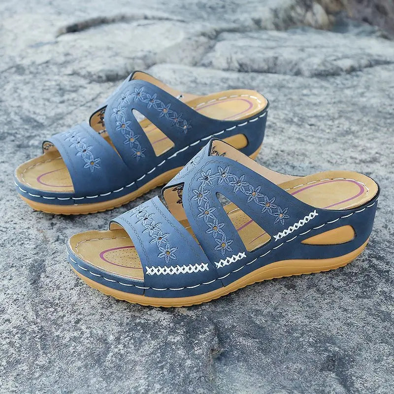 Cool slippers for women with sloping heels and fish mouth thick soles, available in multiple colors with embroidered sandals for