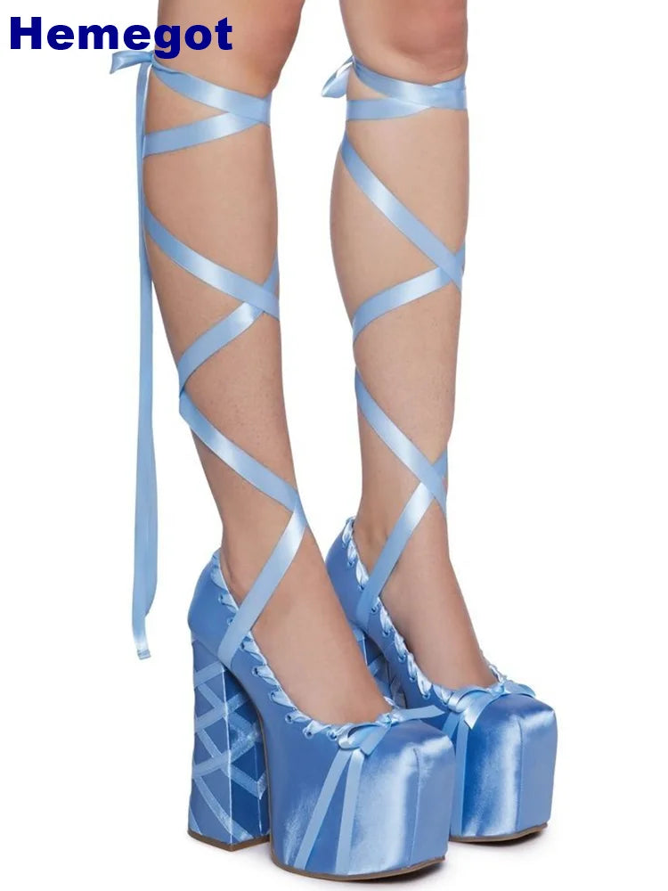 Plateau-Satinschleife, süße Mädchen-Sandalen, Sommer, runde Zehenpartie, Spitze, dicke High Heels, Ins-Stil, Lolita-Tanz, einfarbig, Party-Sandalen