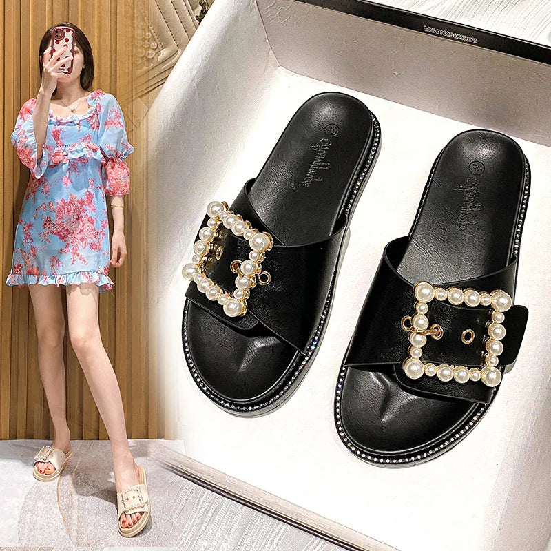2023 rhinestone crystal buckle slippers women brand design crystal double flip flops female platform slides sandals big size 43
