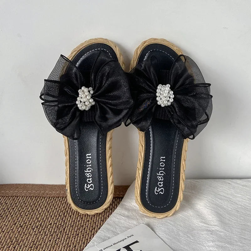 Women Summer Slippers Online Celebrity Slippers Ins New Joker Korean Fairy Wind Mesh Bow Word Drag Breathable Wear-resistant