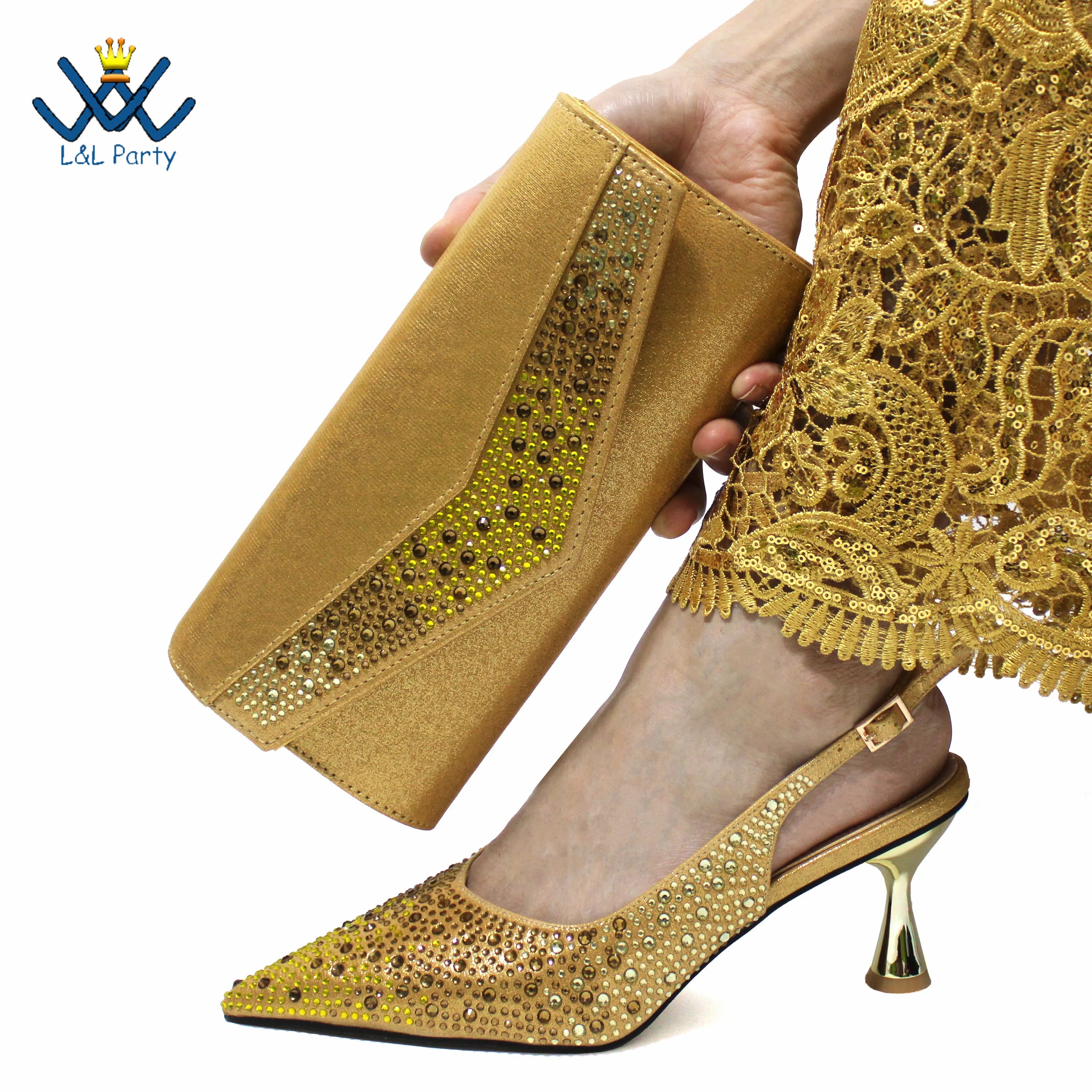 Coffee Color Fashion Italian Women Shoes and Bag Set High Quality New Full Shinning Crystal Slingbacks Pumps for Wedding