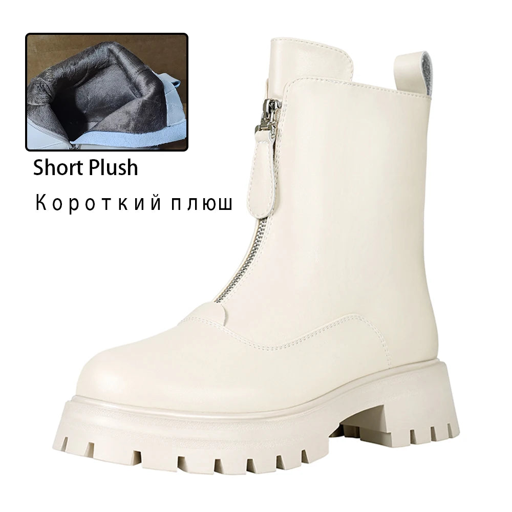 RIZABINA Ankle Boots Real Leather Winter Thick Plush Zipper Chunky Heel Women's Booties Ladies Fashion Non-slip Platform Shoes