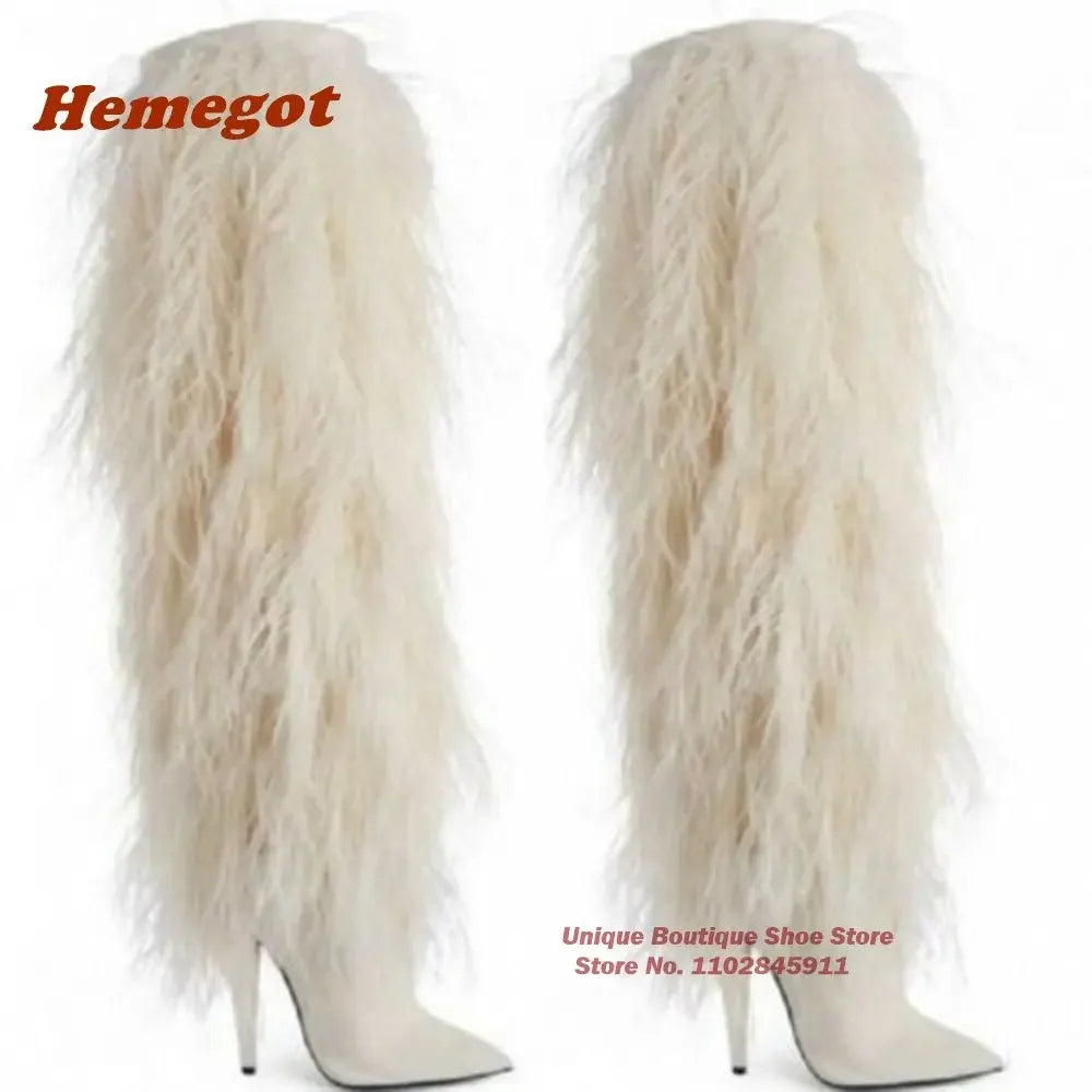 Black Furry Knee-Length Boots Pointed Toe Stiletto Heels Women's Long Boots Winter 2024 Newest Casual Runway Shoes Warm Luxury