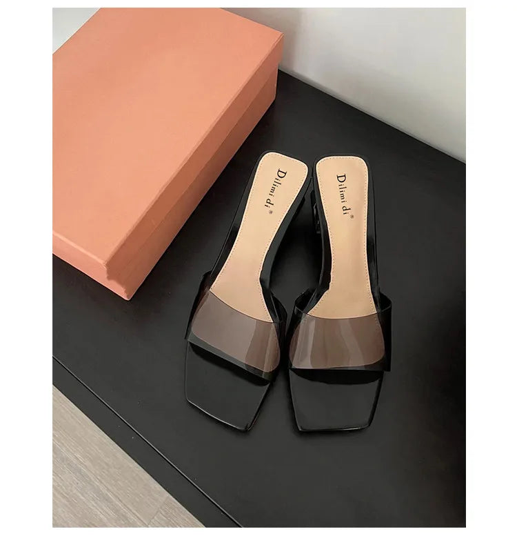 Women's Crystal Slippers Mid-heel All-matching New Summer Fashion Cool Mule Slideshow Sandals Transparent Jelly Square Toe Shoes