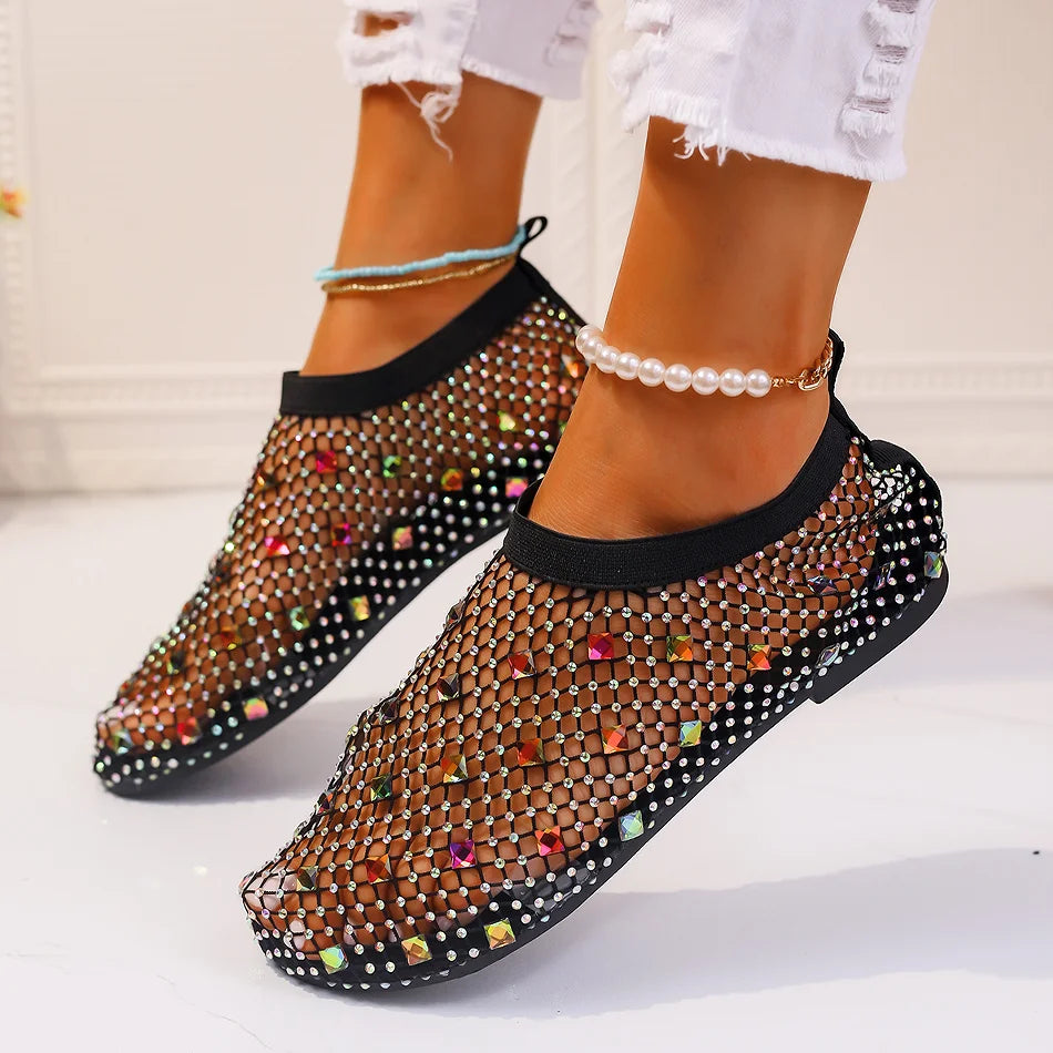 Summer Women's New Round Toe Flat Bottom Sandals Hollow Short Boots Water Diamond Sexy Flat Bottom Fashion Banquet Sandals