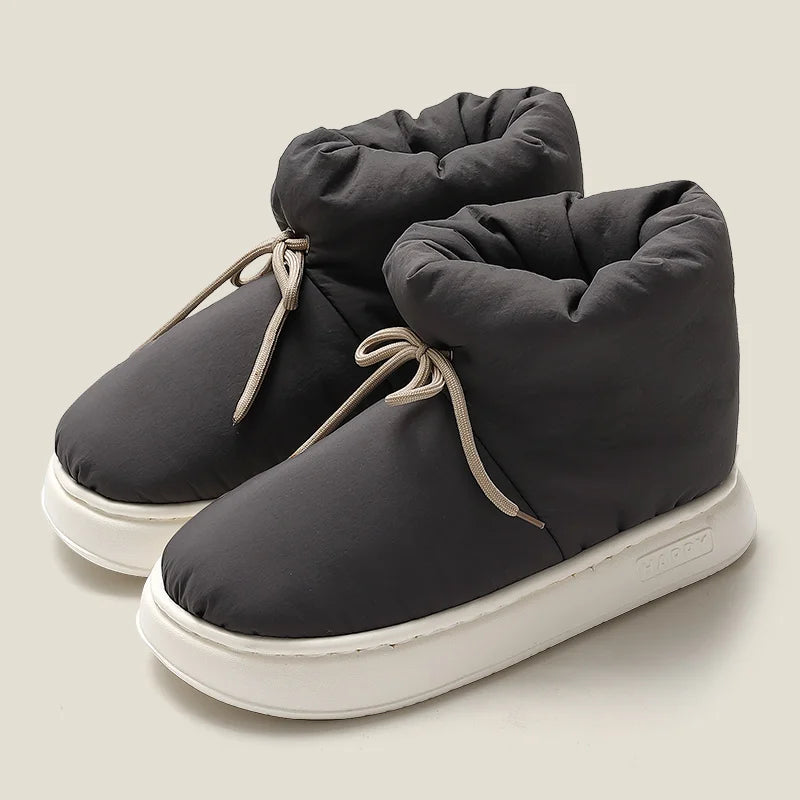 Winter Warm Thick Furry Women Ankle Boots Indoor Lace-up Plush Slippers Ladies Men Home Cotton Shoes