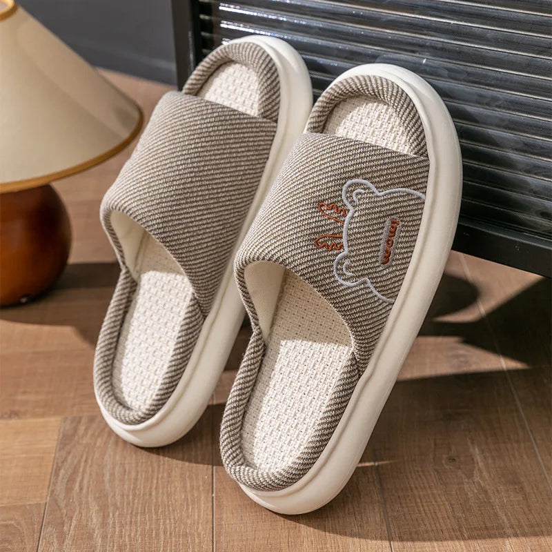 Hot Sale Women Linen Slippers Four Seasons Women Indoor Sandals Adults Cartoon Slides Couples Cute Breathable Home Shoes TG18