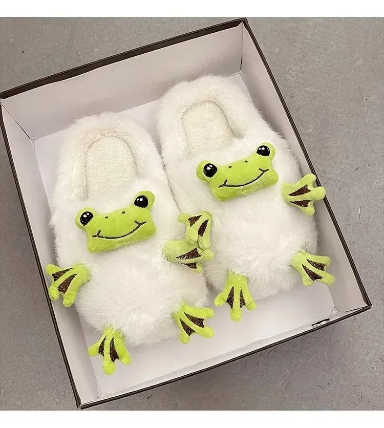 Winter Warm Lovely Frog Cotton Slippers Student Anti Slip Animals Home Platform Plush Slipper Women Funny Outdoor Shoes
