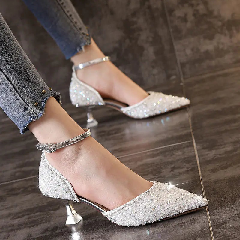 Ladies Ankle Strap Pumps High Heels Crystal Wedding Shoes Bride for Women 2023 Spring Pointed Toe Luxury Pumps Woman