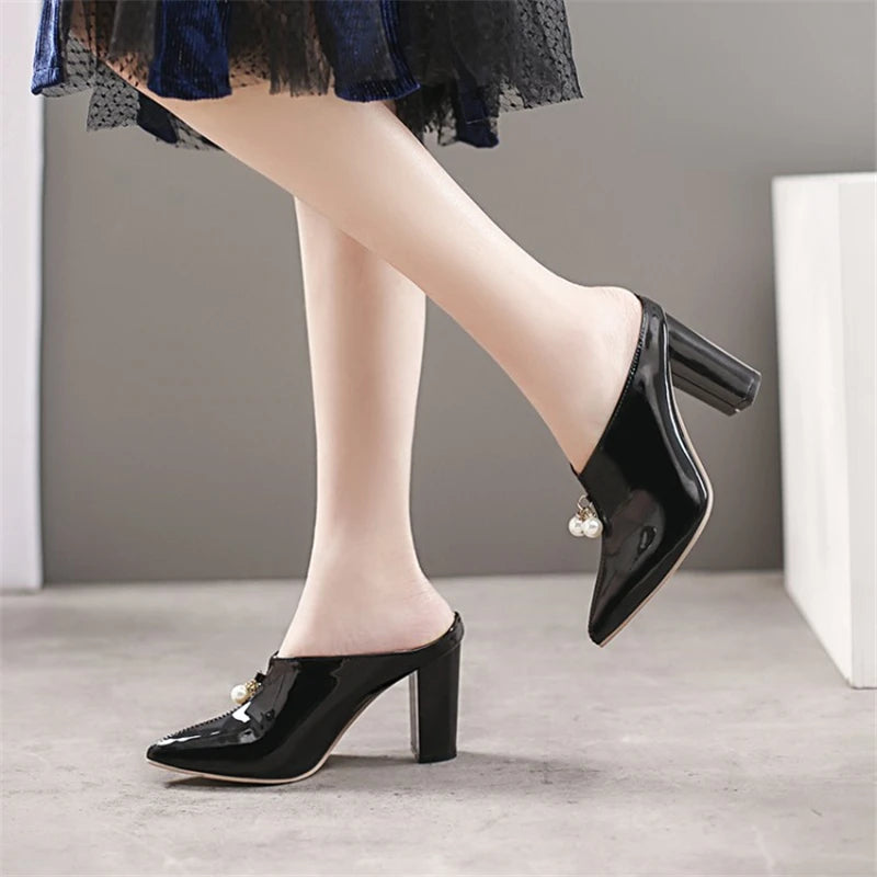 Sexy Shallow Slippers Women High Heels Summer Mules Shoes Ladies Luxury Brand Designer Pointed Toe Red White Sandals Large Size